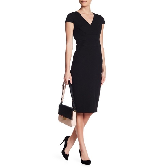 NWOT Donna Morgan Cap Sleeve Crep Sheath Dress in Black Vneck MIDI - Picture 1 of 9